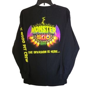 Toys R Us Monsters 500 Pit Crew Long Sleeve Black Graphic Shirt Spell Out